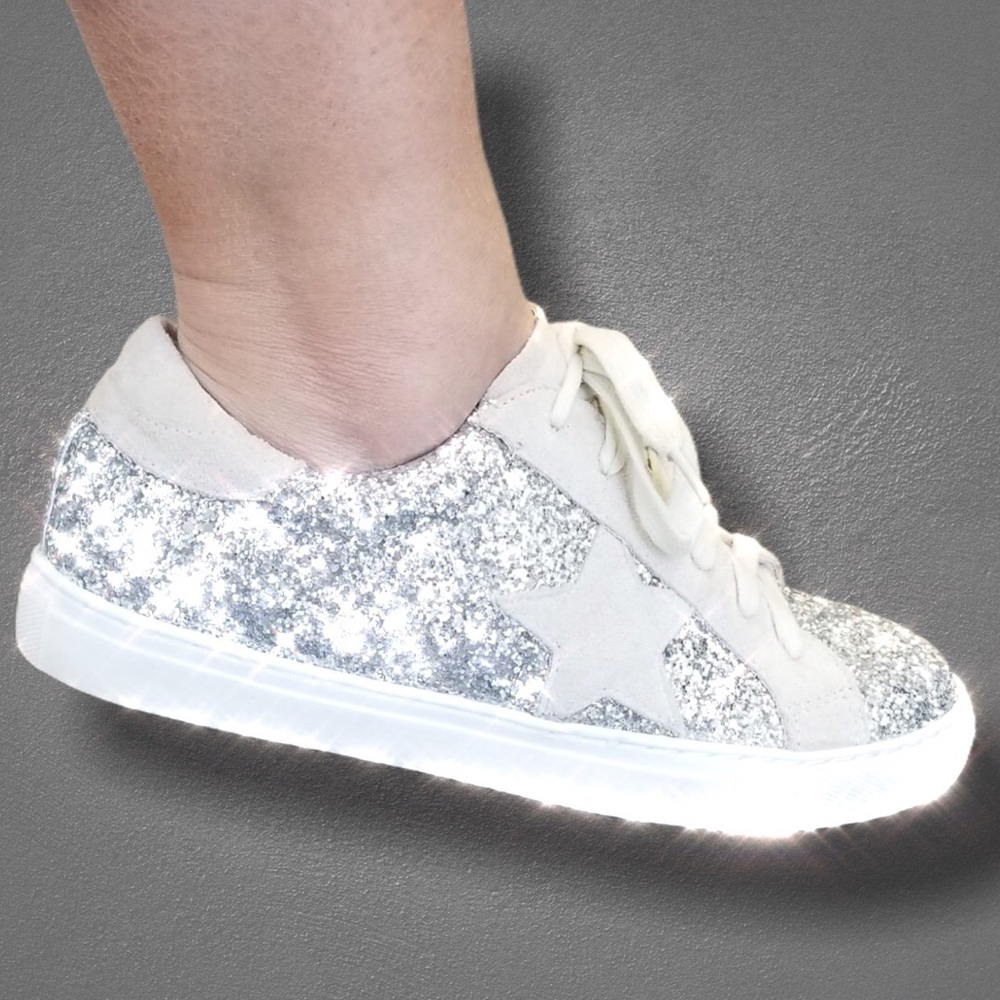 Silver Glitter Lace Up White Star Platform Sneaker - Picture 3 of 7